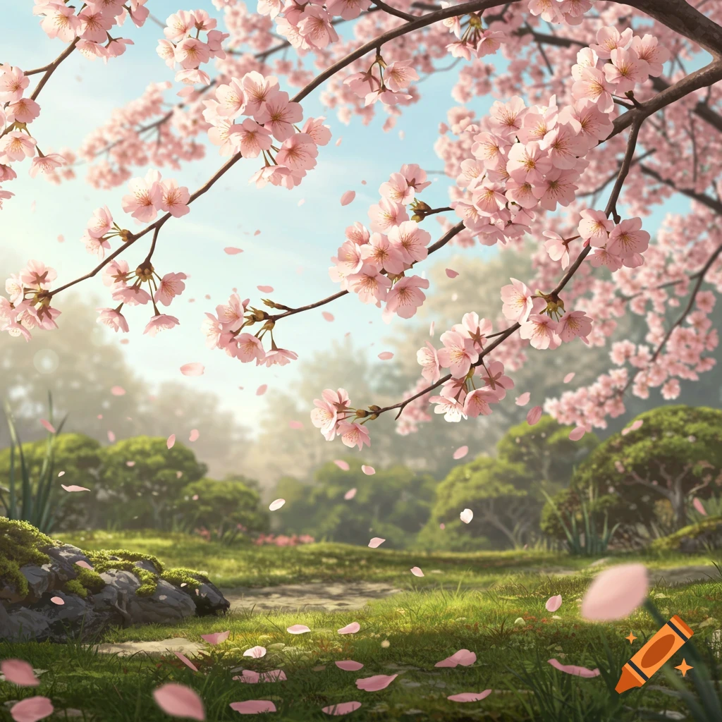Pink cherry blossoms hang from branches with petals falling onto a grassy path in a sunlit garden.