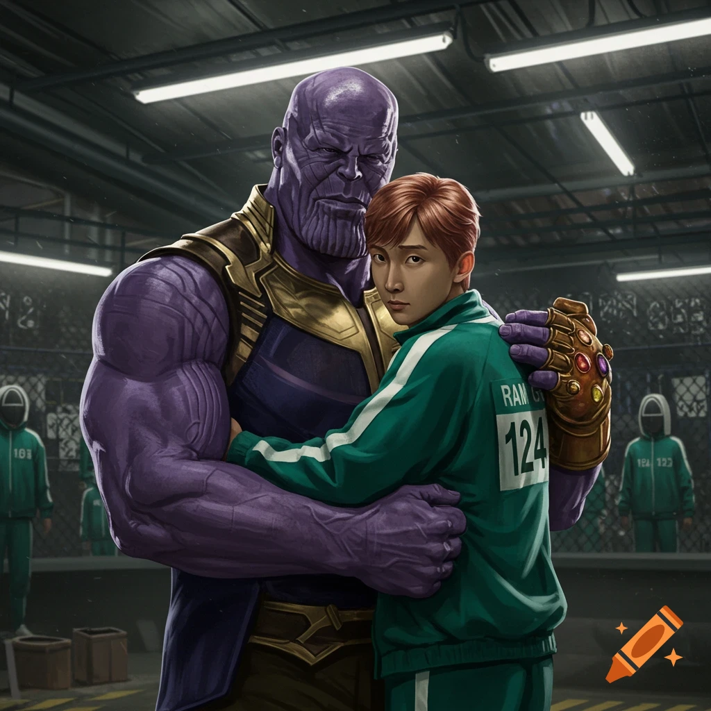 Thanos and a Squid Game player in a green tracksuit embrace in a prison-like room with other players.