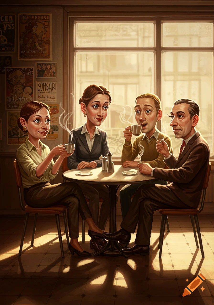 Four cartoon-style people sit around a table in a cafe, drinking coffee and conversing. Posters on the wall.