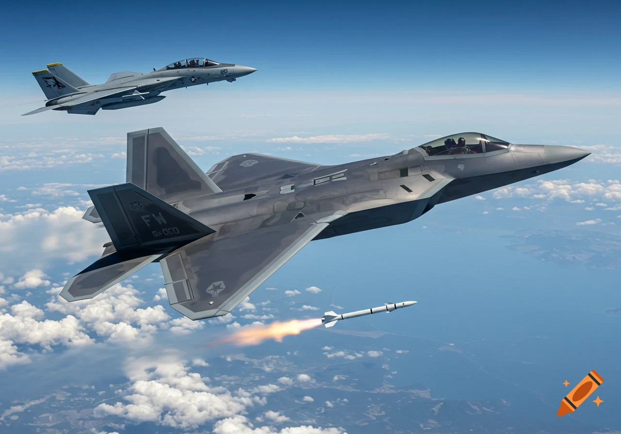 An F-22 Raptor launches a missile while an F-14 Tomcat flies overhead in a clear blue sky with white clouds. Photorealistic style.