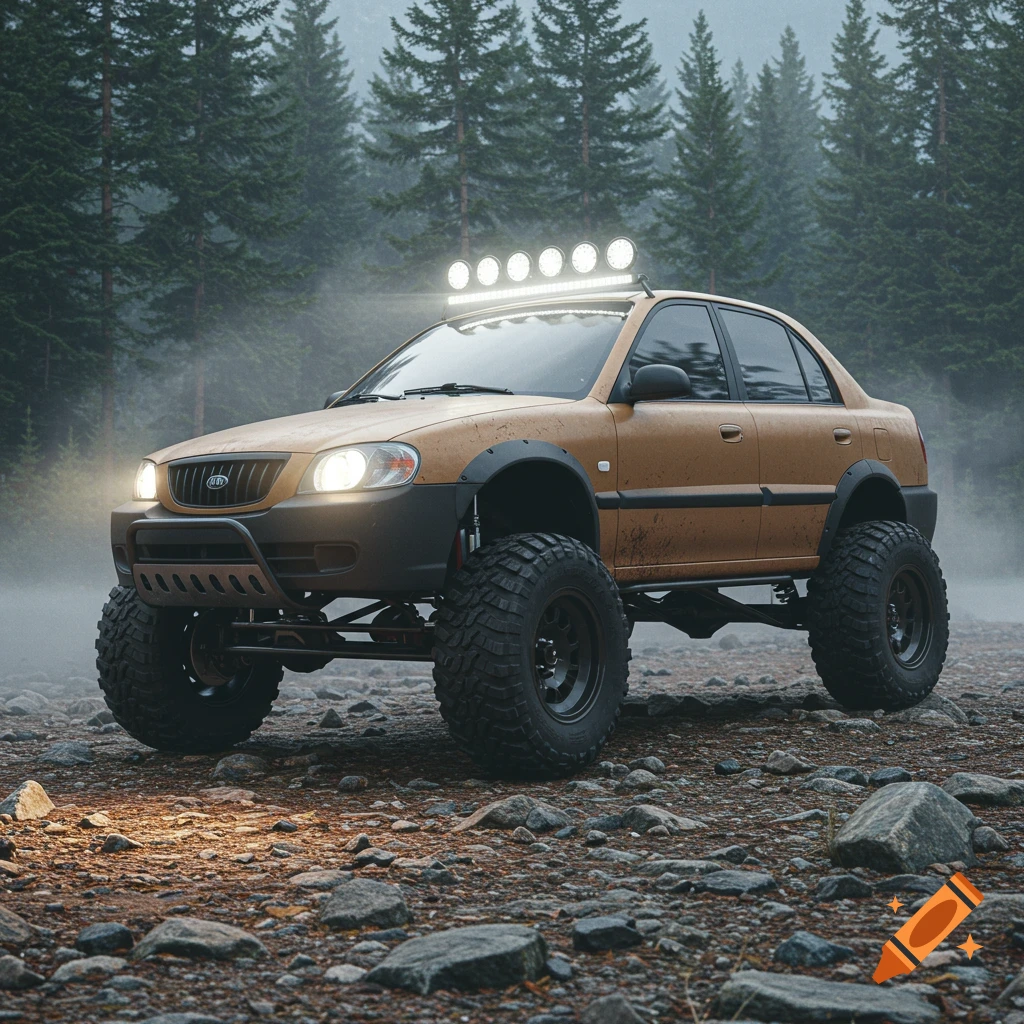 A lifted gold Kia Rio sedan with large off-road tires and roof-mounted lights, on a rocky, dirt road in a misty forest.