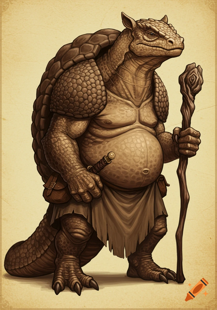 An armored, bipedal fantasy creature resembling an armadillo-lizard-turtle hybrid, standing and holding a walking stick, on a vintage paper background.