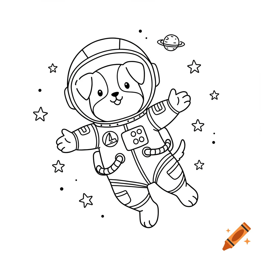 A simple black and white line art coloring page of a cute cartoon dog floating in an astronaut suit among stars and a planet.