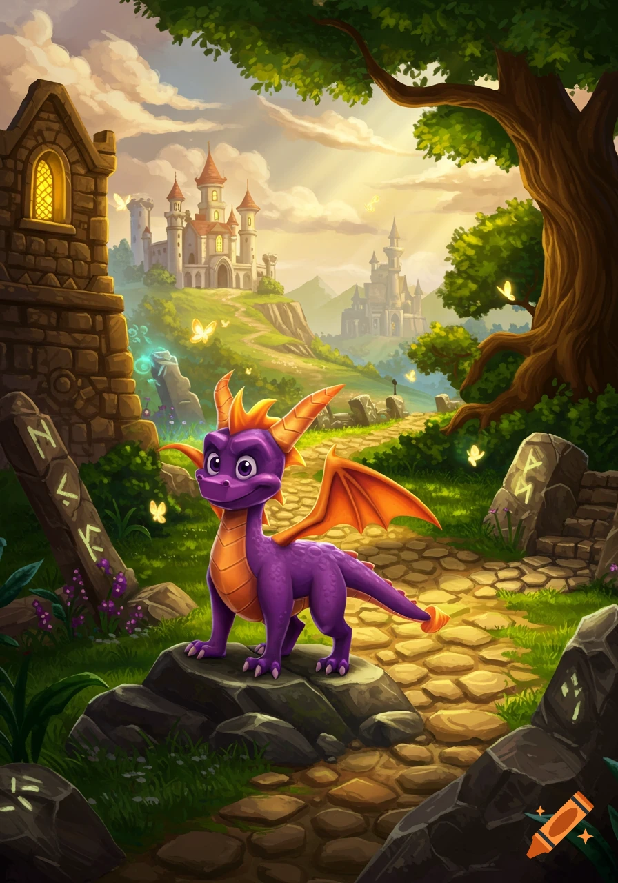 A vibrant purple dragon with orange wings stands on a stone path in a magical fantasy land with castles and butterflies under a sunset sky.