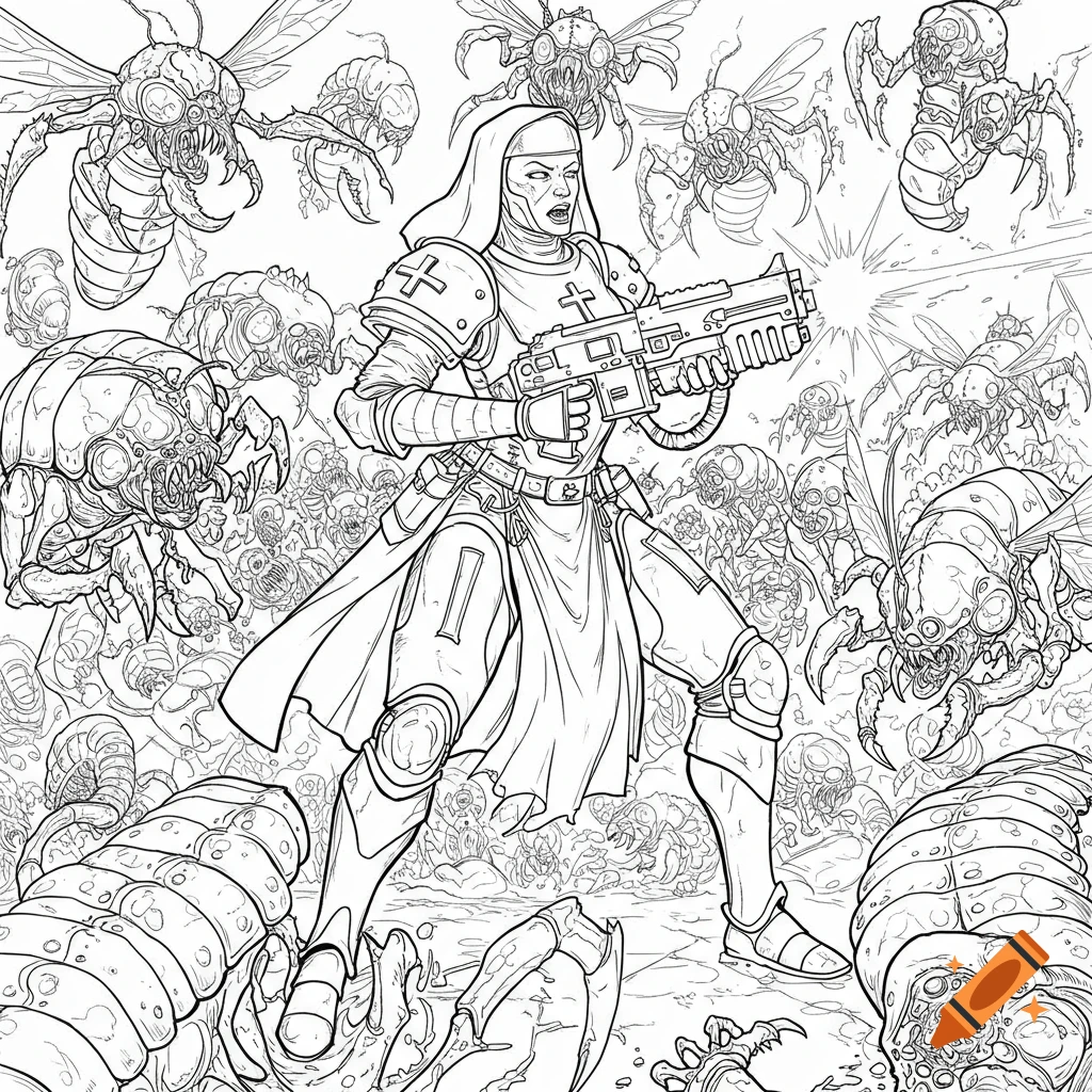 Black and white line art of a nun space marine in armor fighting large alien bug creatures with a futuristic gun.