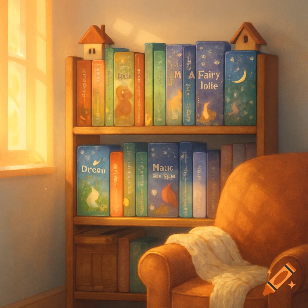 A cozy room with a wooden bookshelf full of colorful books, an orange armchair with a blanket, and sunlight from a window.