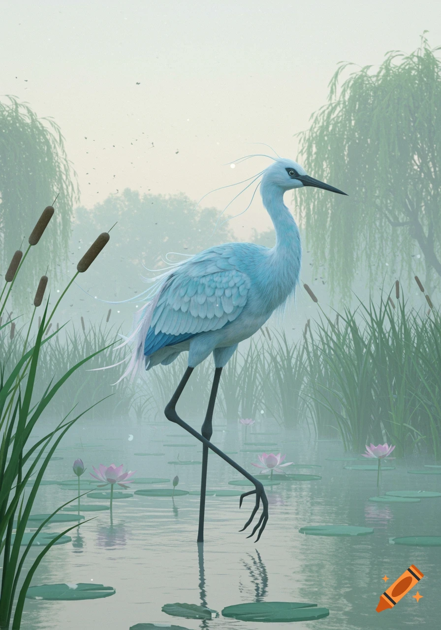 A graceful light blue bird with long thin legs stands in a misty pond among lily pads and reeds.