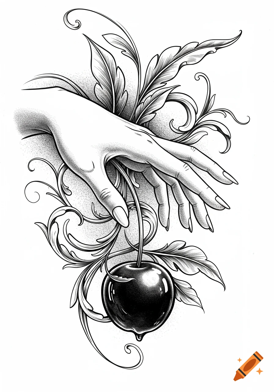 Black and white stippled drawing of a hand reaching for a glossy fruit surrounded by ornate leaves.