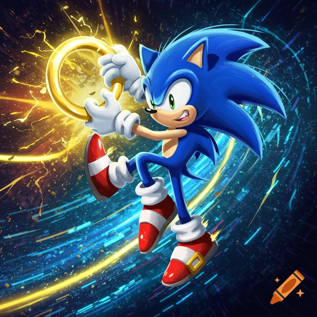 Blue hedgehog Sonic leaps, holding a glowing golden ring, against a vibrant blue and yellow abstract background.