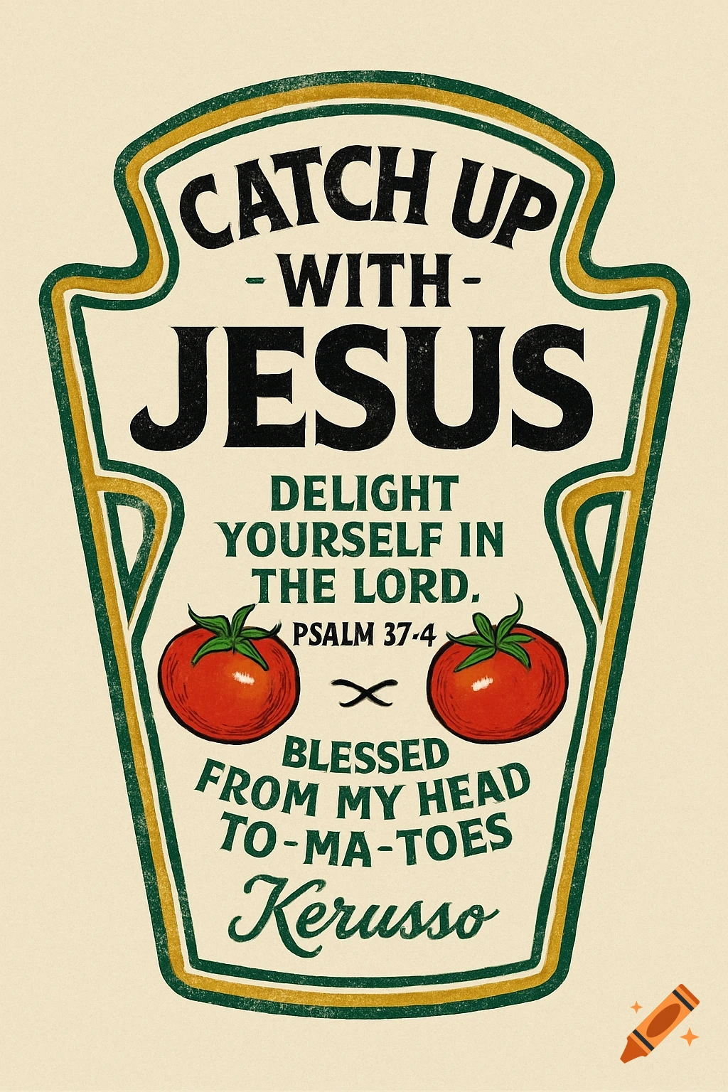A Christian t-shirt design shaped like a Heinz ketchup label with green and gold outlines, distressed texture. Text reads 'Catch Up With Jesus', 'Delight Yourself in the Lord. Psalm 37-4', 'Blessed From My Head To-Ma-Toes', and 'Kerusso' at the bottom.