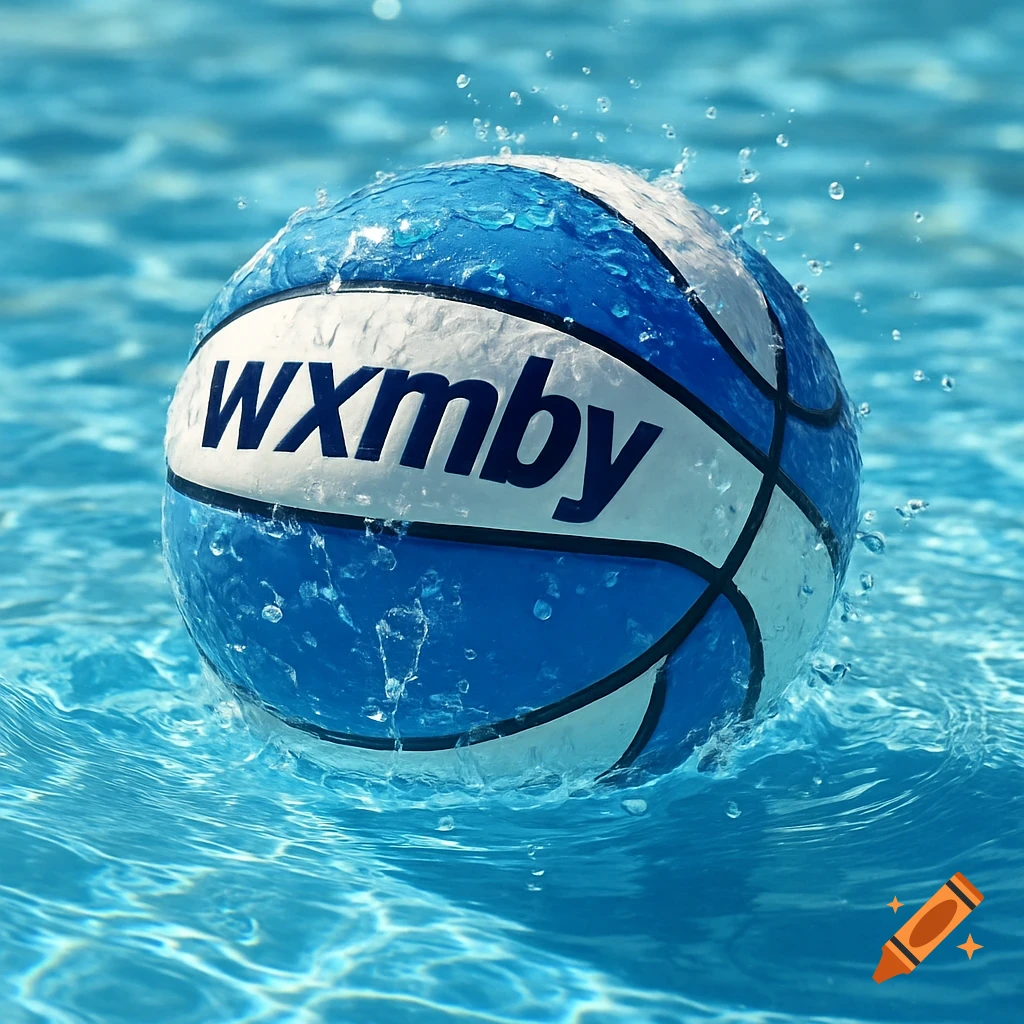 A blue and white basketball with "wxmby" written on it floats in blue water with splashes.