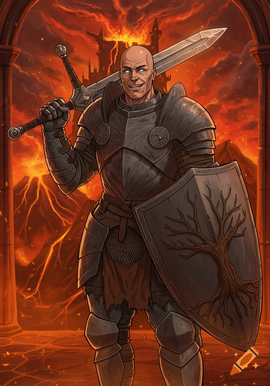 A bald, muscular knight in plate armor, holding a longsword over his shoulder and a shield with a tree emblem, stands smiling in a fiery castle within a volcanic landscape.