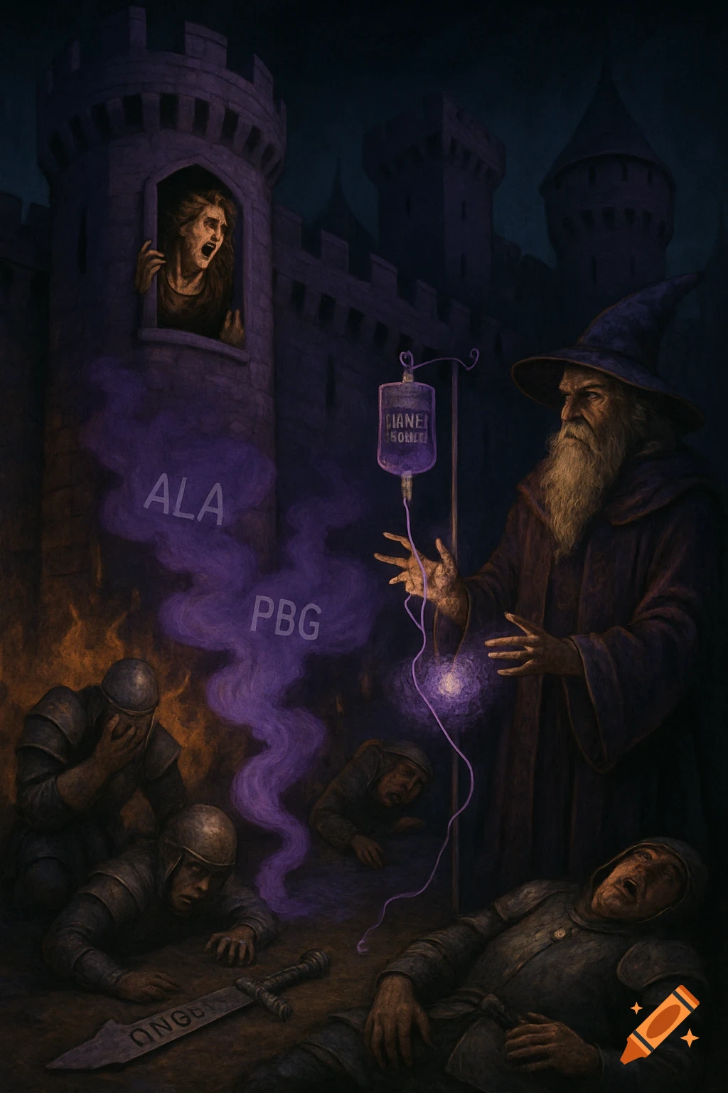A wizard performs magic with an IV bag in a dark castle courtyard with collapsed knights, while a woman screams from a tower window.