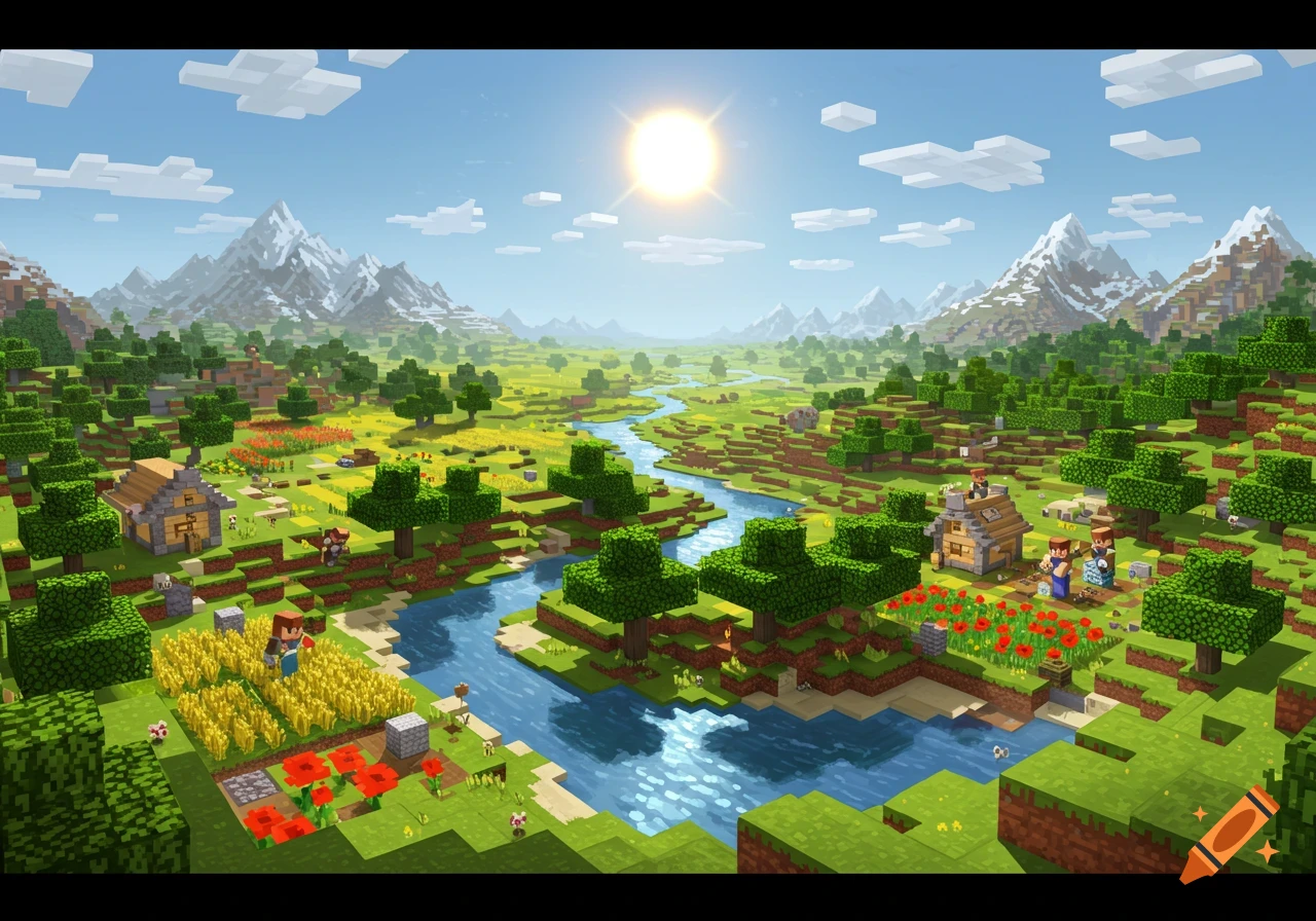 A vibrant, blocky Minecraft landscape with mountains, a river, trees, houses, farms, and block-figure villagers under a sunny sky.