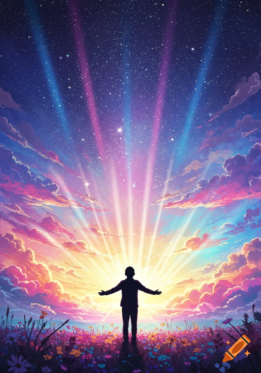 Silhouette of a person in a field of colorful flowers, looking up at a vibrant sky with stars and light rays.