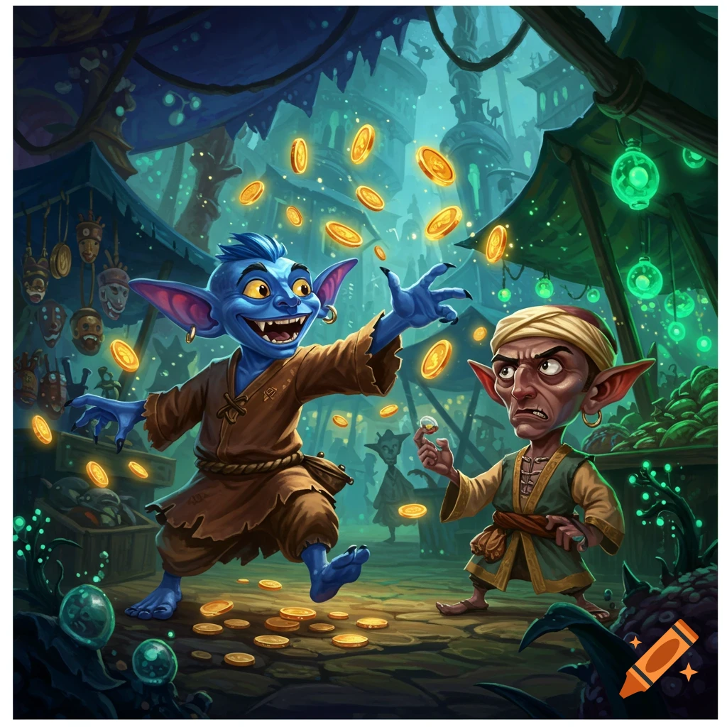 A blue goblin joyfully throws golden coins at an angry, shorter goblin in a fantasy marketplace.