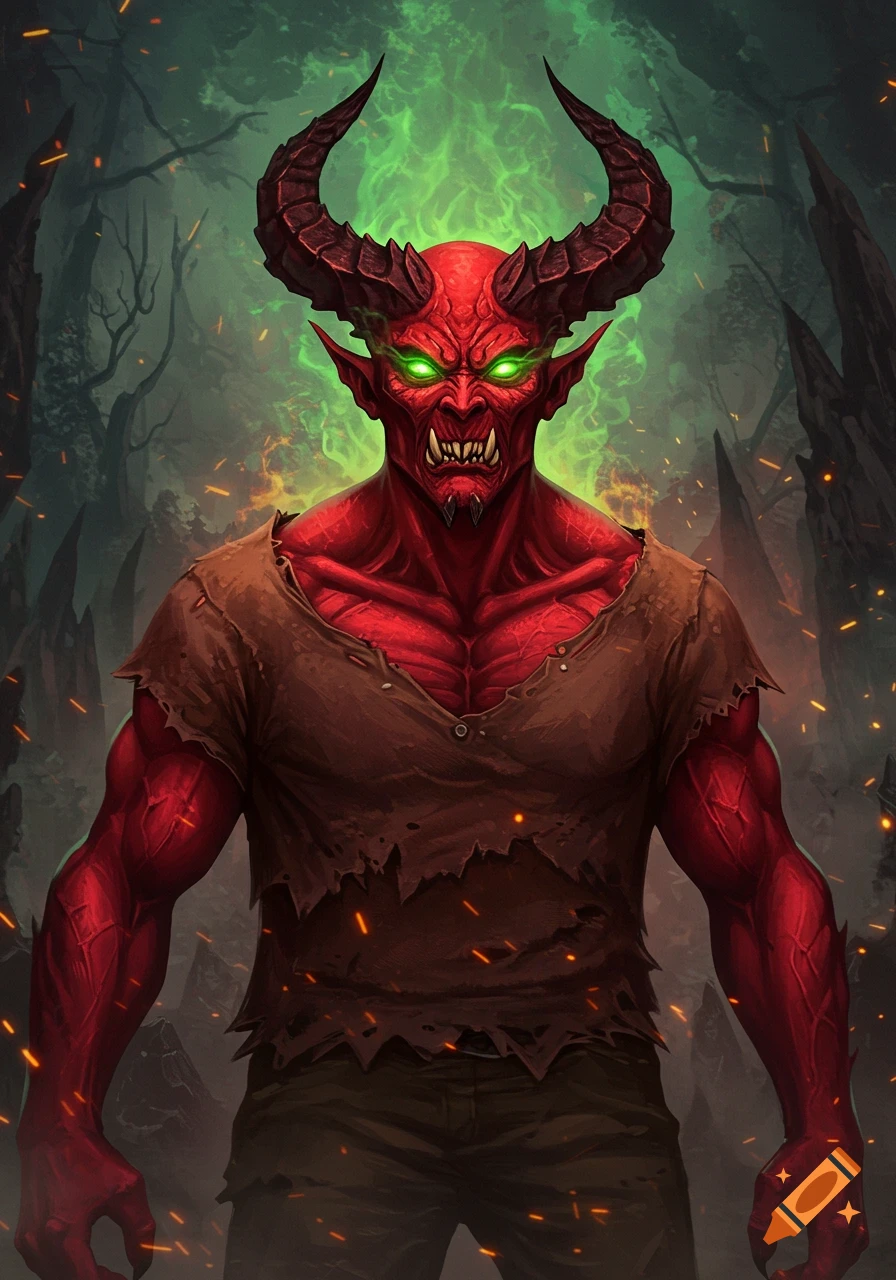 A powerful red demon with large horns, glowing green eyes, and a torn brown shirt stands in a dark, fiery forest.