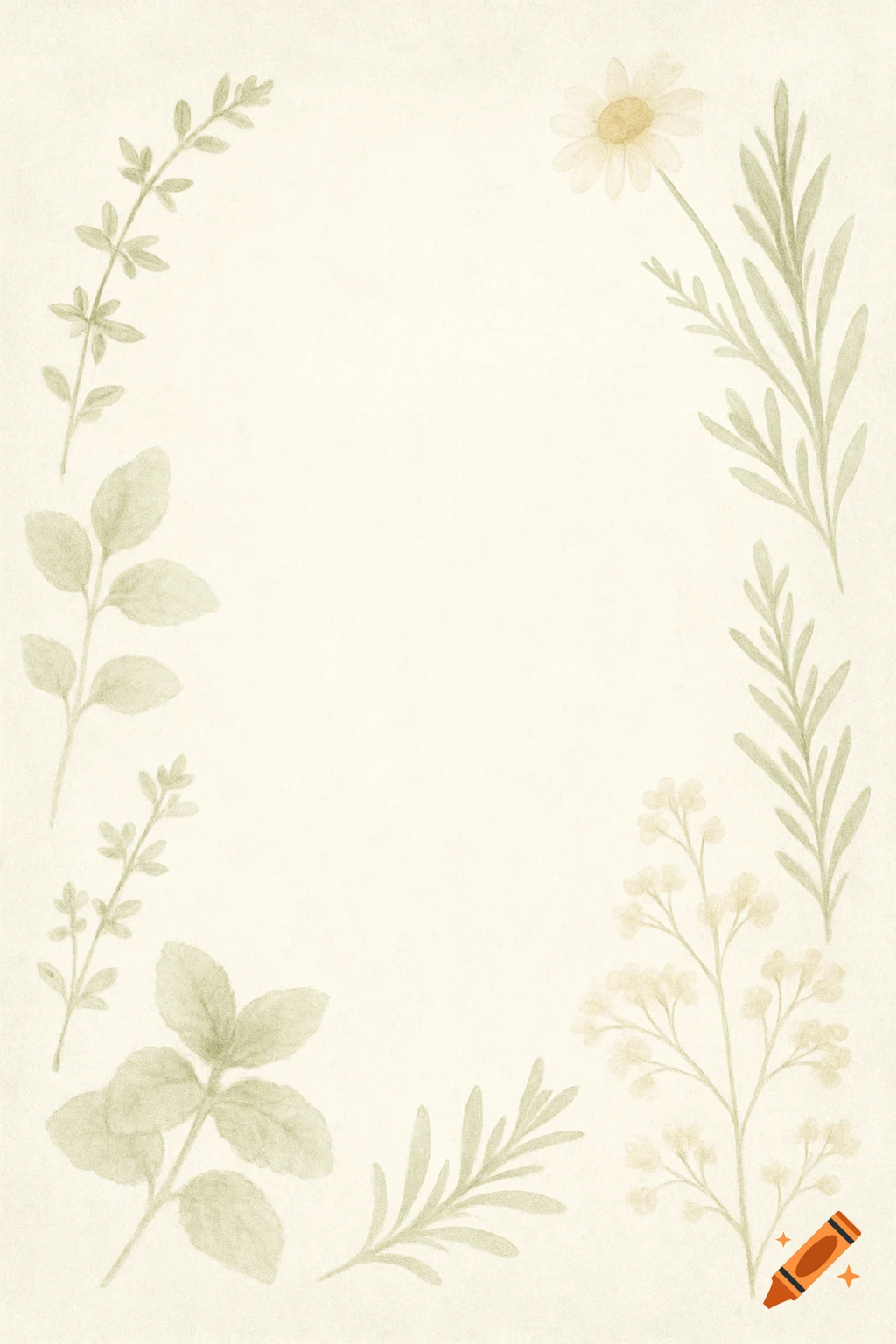 A light background framed by faded pastel green watercolor illustrations of various herbs and a white daisy.