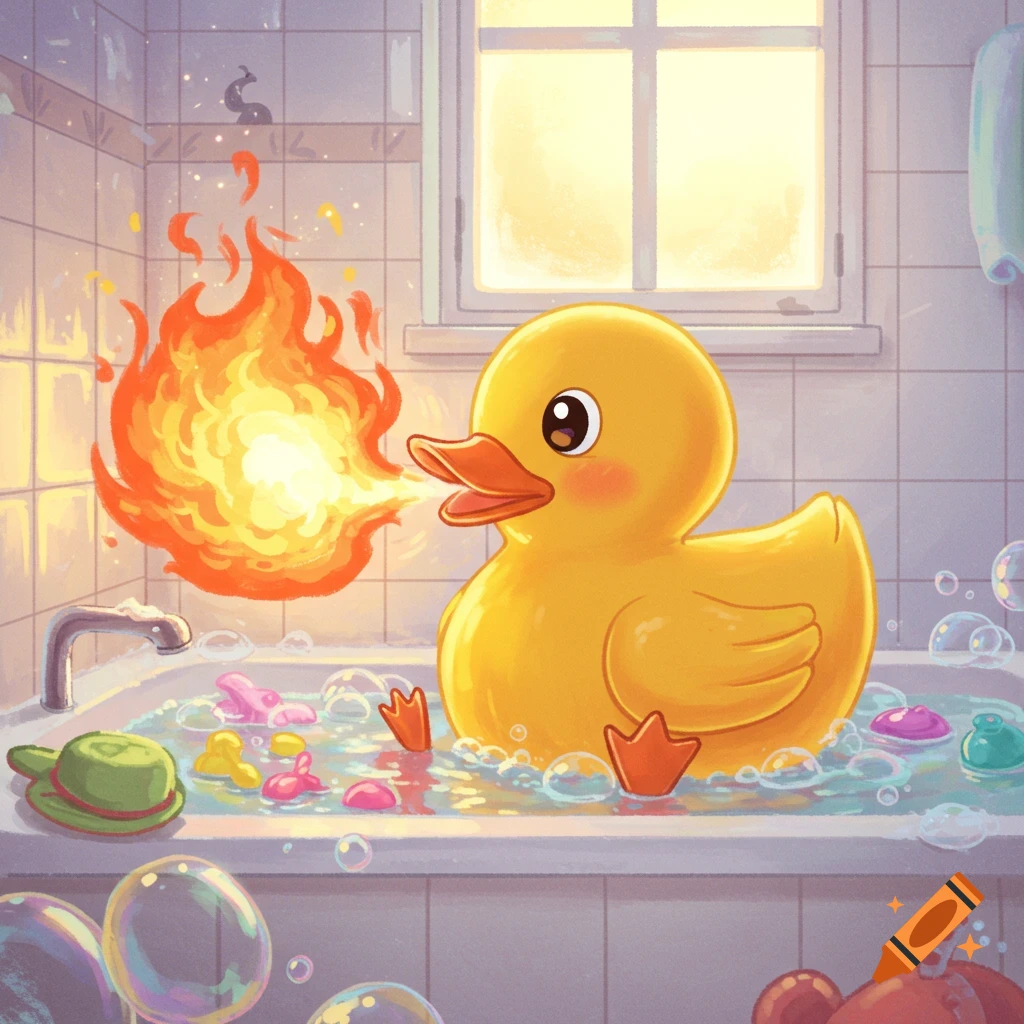 A cute chibi rubber duck in a bathtub full of bubbles breathes a large flame into the air, with a window in the background.