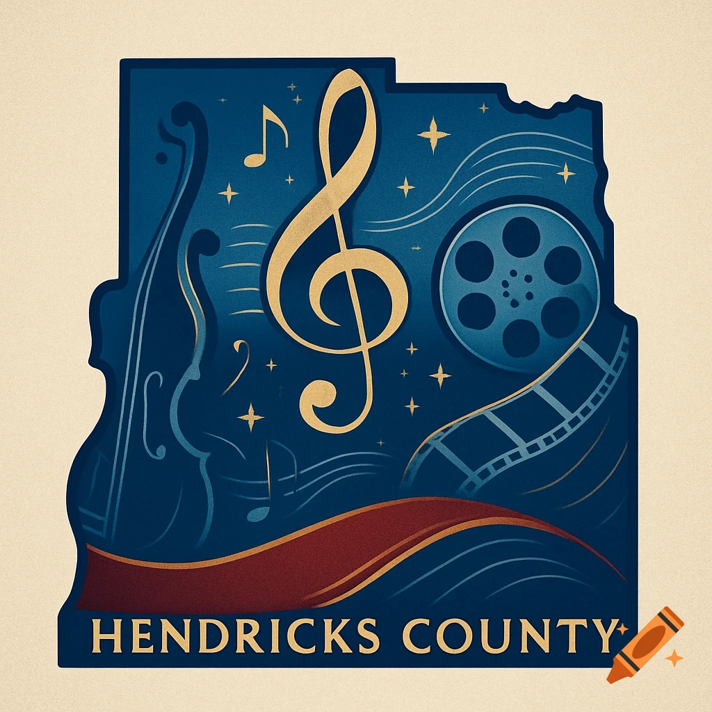 A stylized blue illustration shaped like a county, featuring a golden treble clef, music notes, a film reel, a film strip, and a red wave. Text reads "HENDRICKS COUNTY" at the bottom.