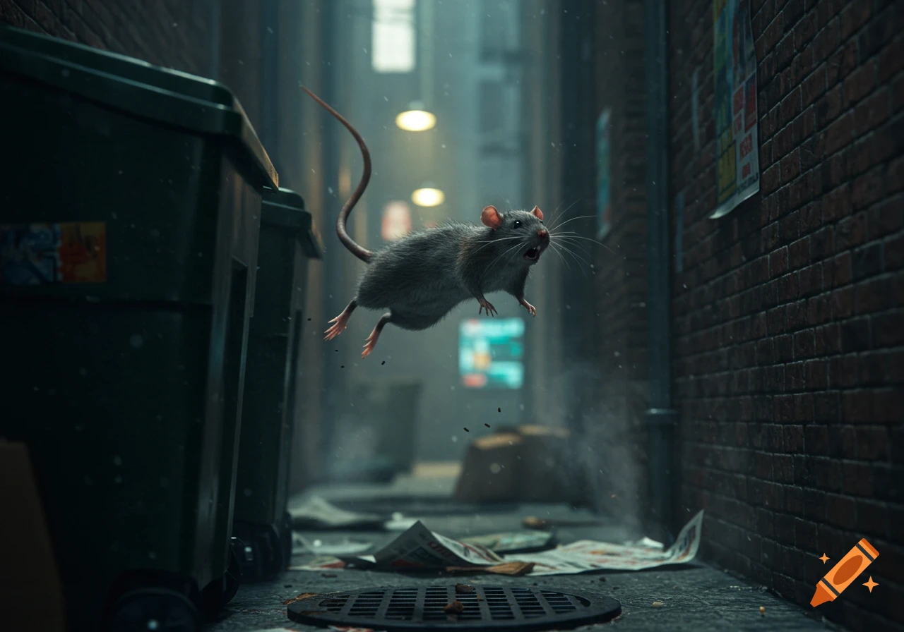 A photorealistic rat leaps through a dark, dirty urban alleyway, with dumpsters and a sewer grate below.