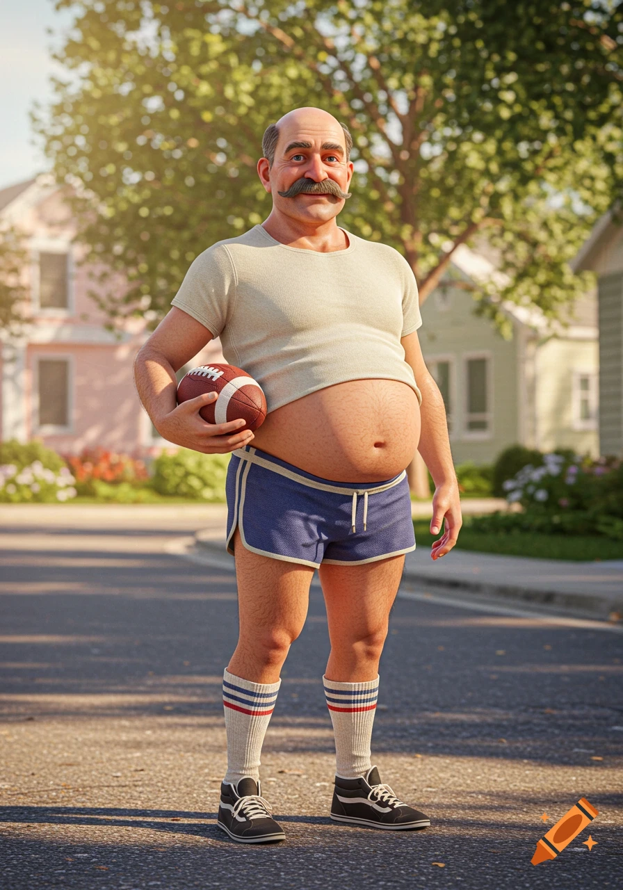 A 3D render of a balding man with a mustache, wearing a t-shirt and shorts, holding a football on a suburban street.