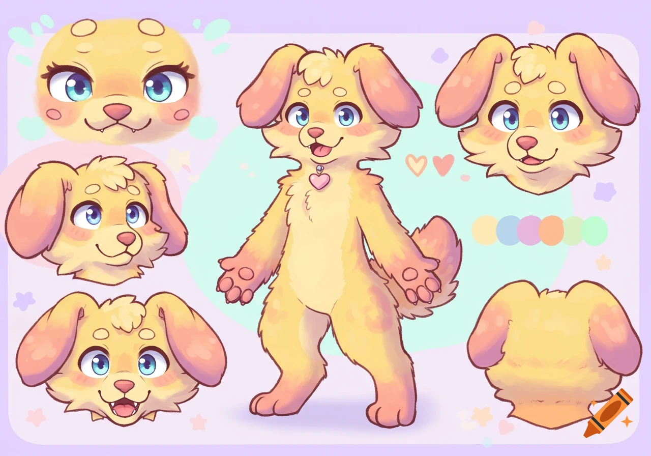 A reference sheet for a cute, stylized yellow and pink puppy fursona, showing multiple views of the character.