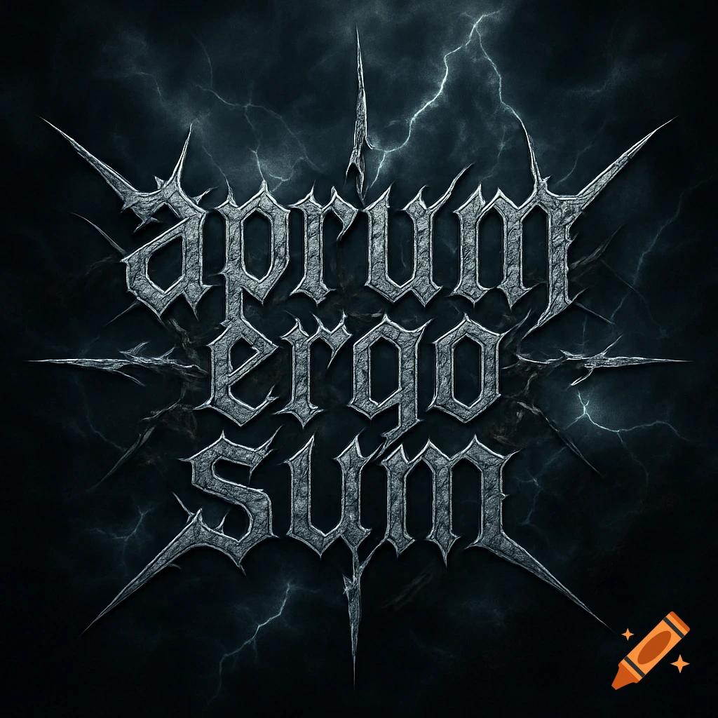 A metal band logo featuring the words 'aprum ergo sum' in a spiky, metallic font against a dark background with lightning cracks.