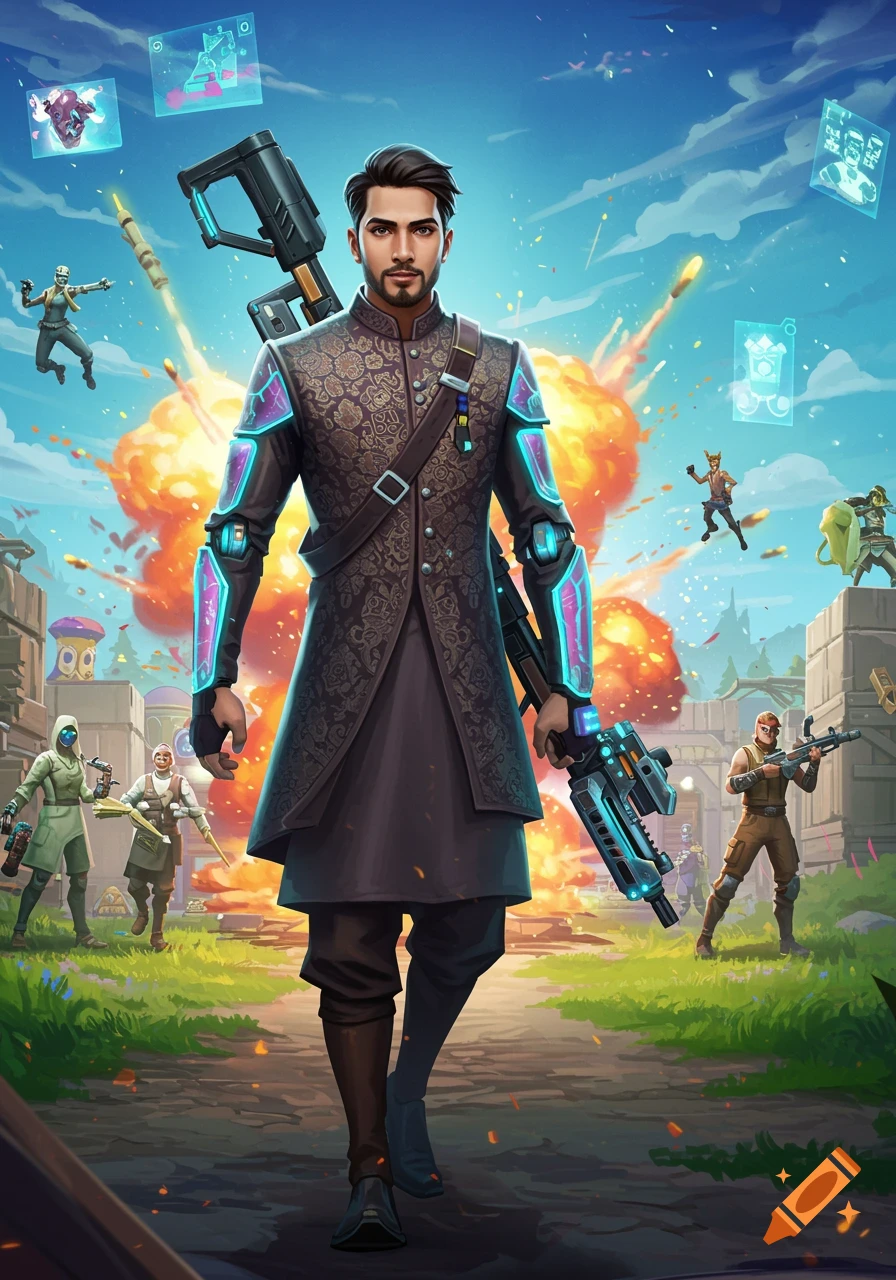A stylized male character resembling a Pakistani person, in a tech-enhanced long coat, walks from an explosion in a Fortnite-style battle.