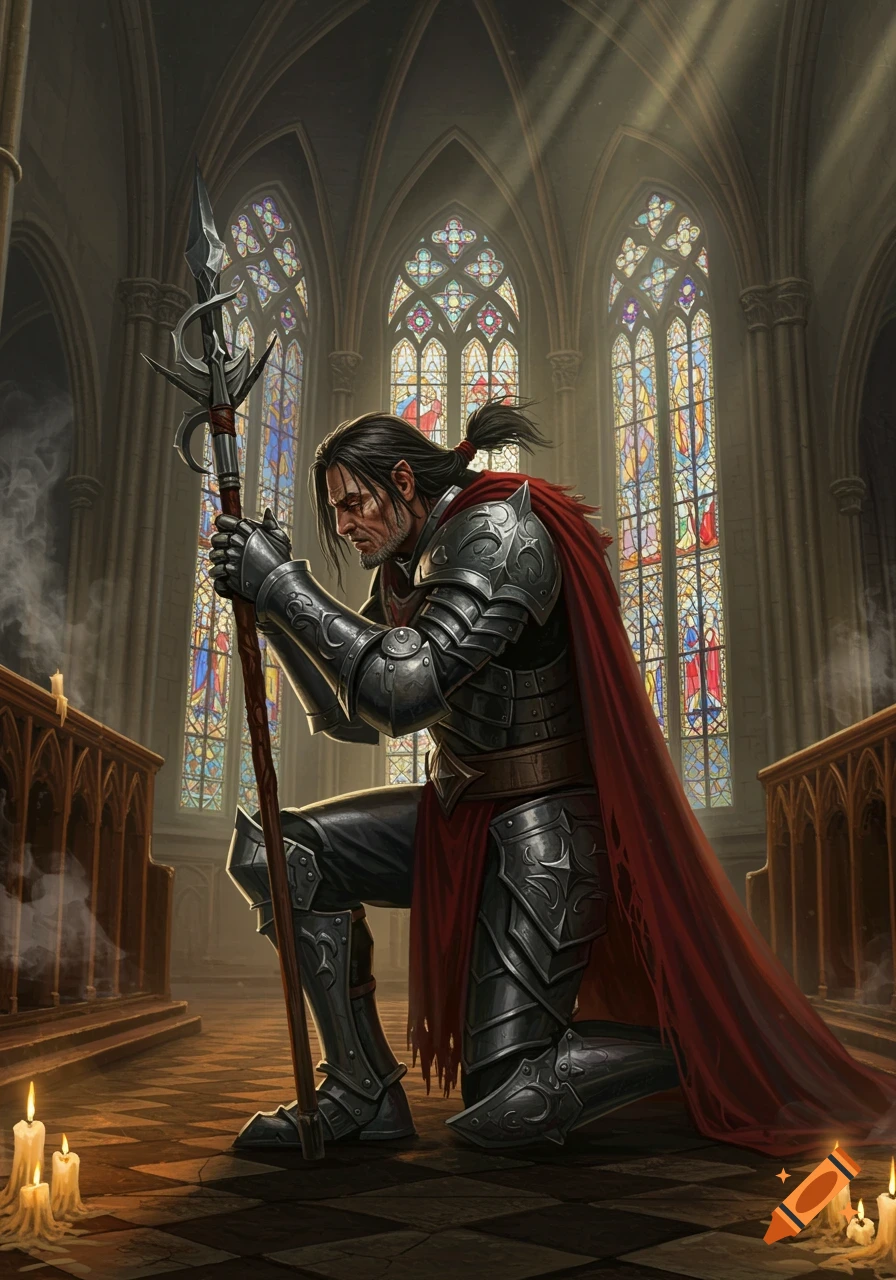 A man in silver armor with a red cape kneels in prayer, holding a spear, inside a gothic cathedral with stained glass windows.