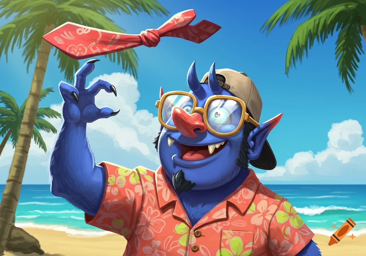A blue devil in a Hawaiian shirt, baseball cap, and large glasses holds up a red tie on a sunny beach.