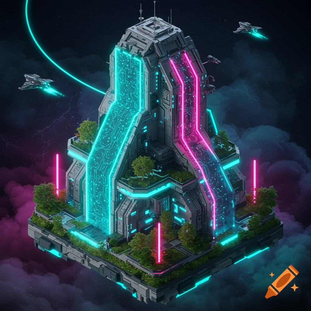 Isometric view of a futuristic sci-fi building with neon lights, trees, and flying spaceships under a dark sky.