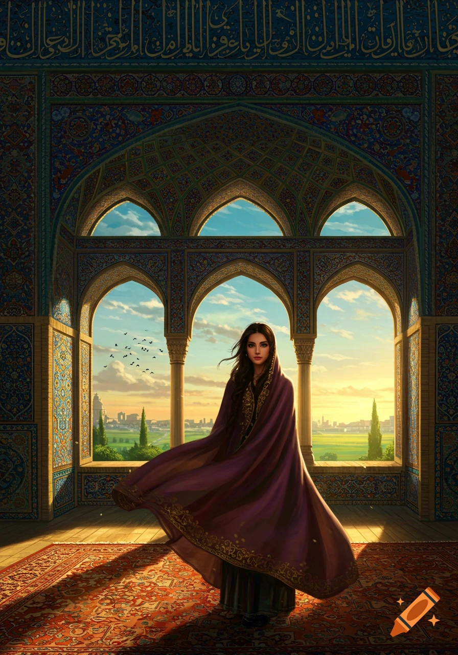 A woman in a purple cloak stands in a highly ornate room with arched windows overlooking a city and green fields at sunset.