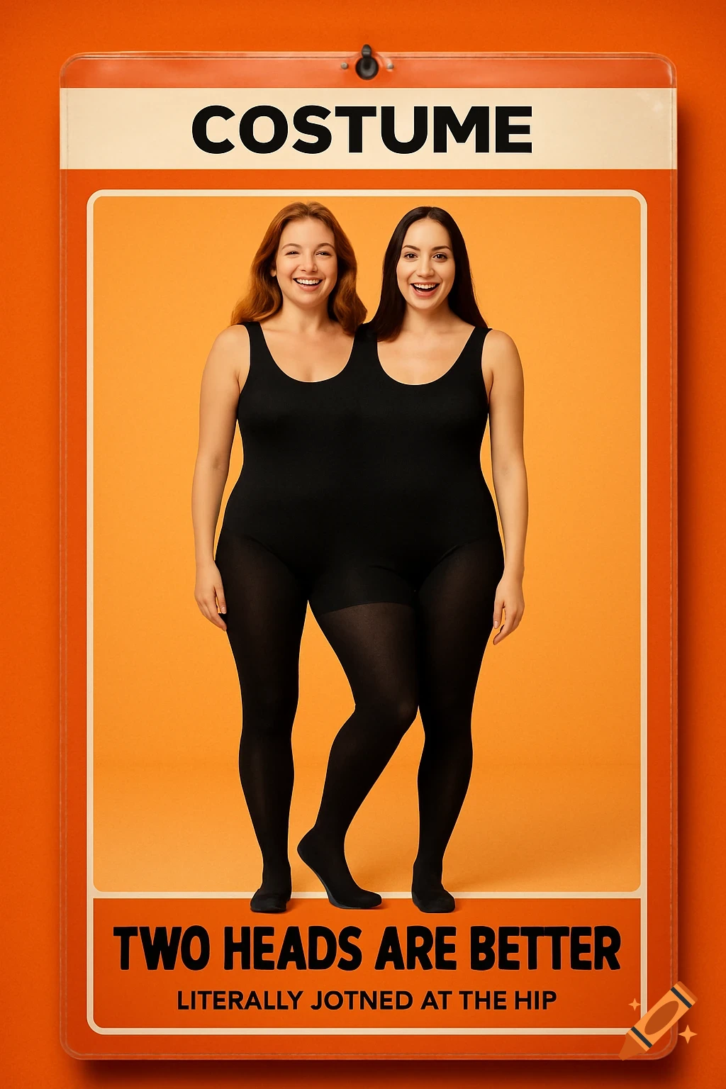 Two women in black leotards and tights are merged into a two-headed, three-legged costume, standing against an orange background with a poster frame. Text says 'COSTUME' and 'TWO HEADS ARE BETTER' and 'LITERALLY JOTNED AT THE HIP'.
