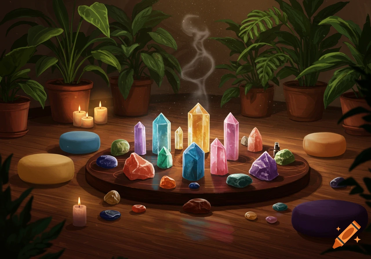 A vibrant display of colorful crystals on a wooden table, surrounded by lush potted houseplants and glowing candles, with smoke rising from the center.