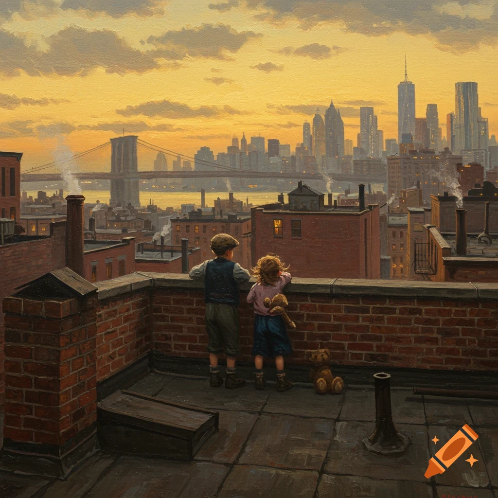 Oil painting of two children on a Brooklyn rooftop looking out at the New York City skyline and Brooklyn Bridge at sunset.