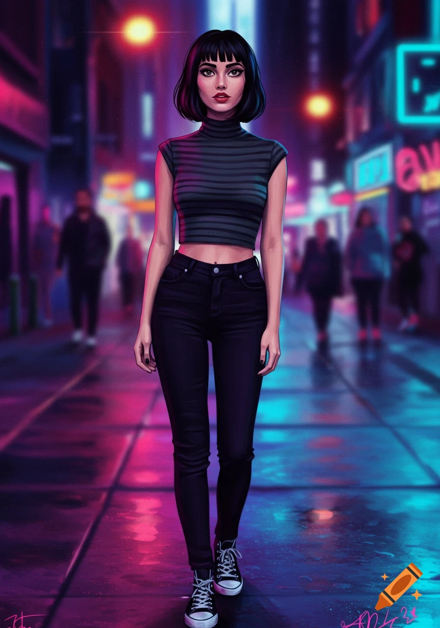 An illustrated woman with a bob haircut and bangs, wearing a striped crop top, black skinny jeans, and Converse, stands on a neon-lit city street at night.