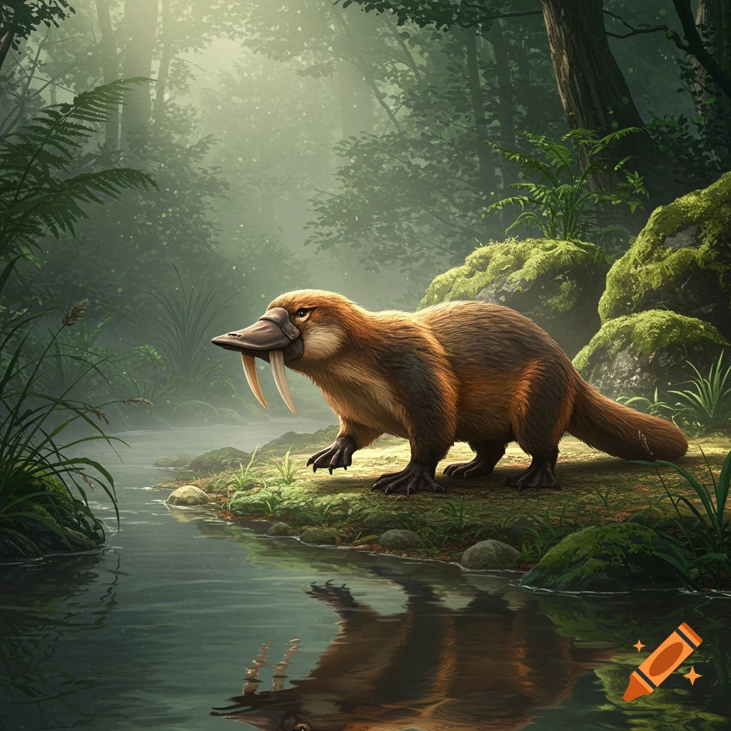 A sabertooth platypus-like creature stands by a stream in a lush, misty forest, digital art.