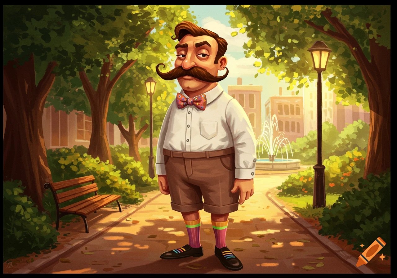 A cartoon man with a large mustache and short pants stands in a sunny park with trees, a bench, and a fountain.