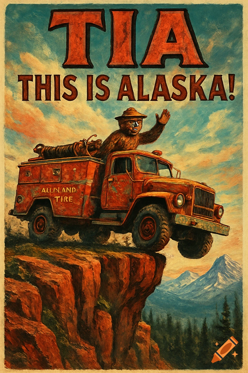 Vintage poster art of a bear in a hat riding a rusty wildland fire truck off a cliff, with mountains in the background. Text reads "TIA THIS IS ALASKA!"
