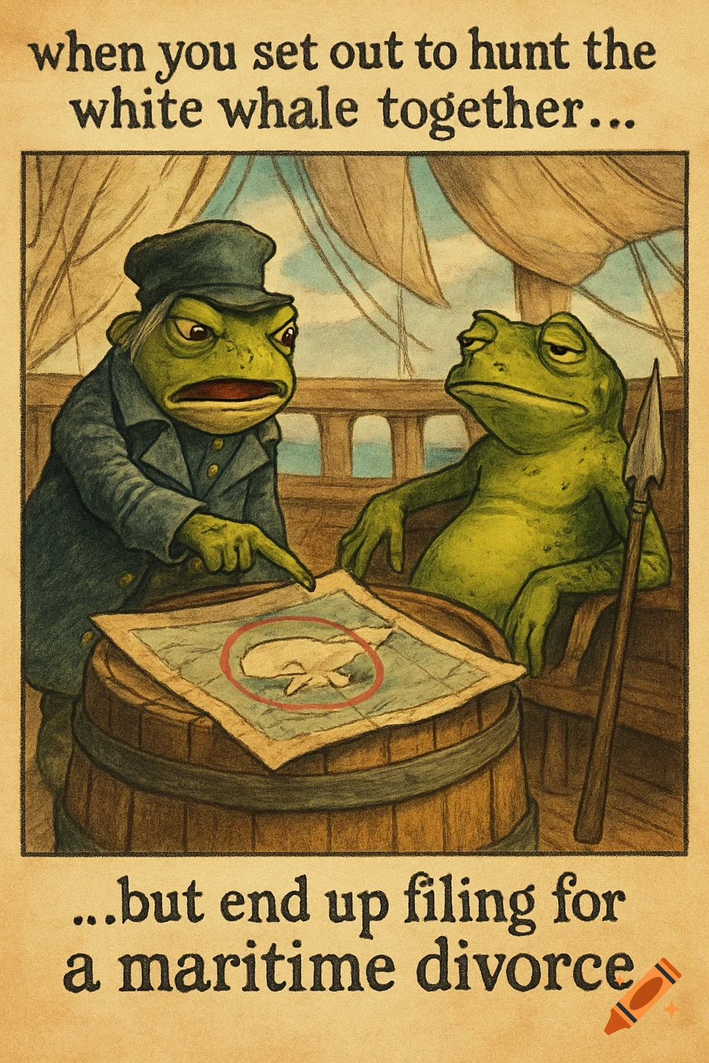 Vintage style drawing of two anthropomorphic frog sailors on a ship. One points to a map with a whale, the other looks bored. Text above and below.