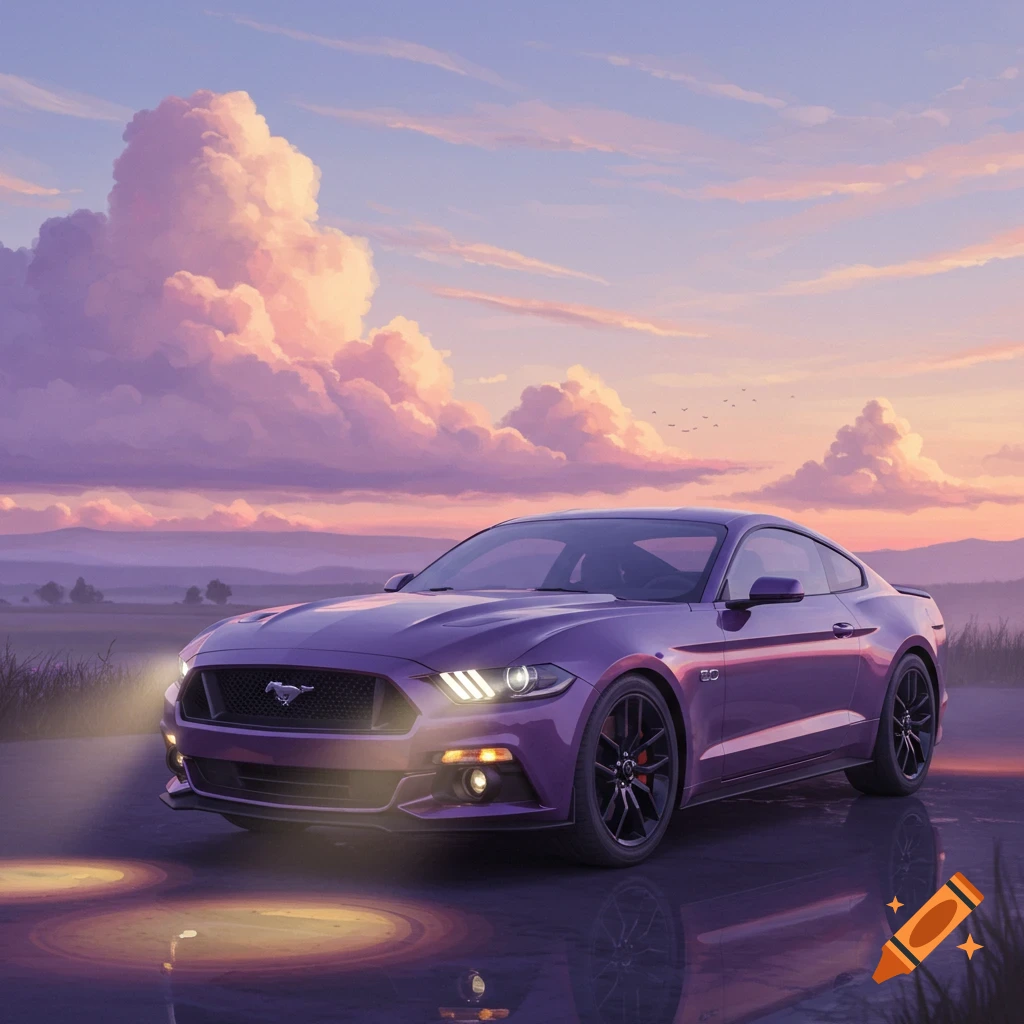 A purple Ford Mustang car parked on a reflective surface at sunset with dreamy purple and orange clouds.