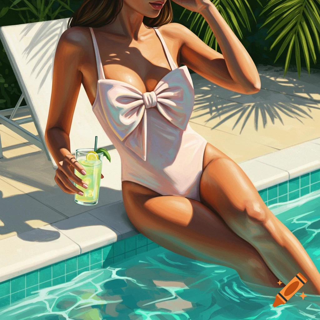 Woman in a pink bow swimsuit sits poolside, holding a drink. Sunny digital art scene.