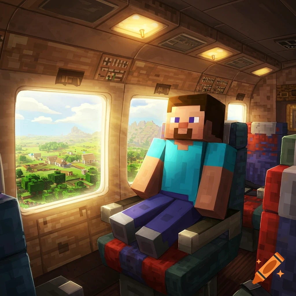 Steve from Minecraft sits in a blocky plane looking out at a sunny, pixelated landscape.