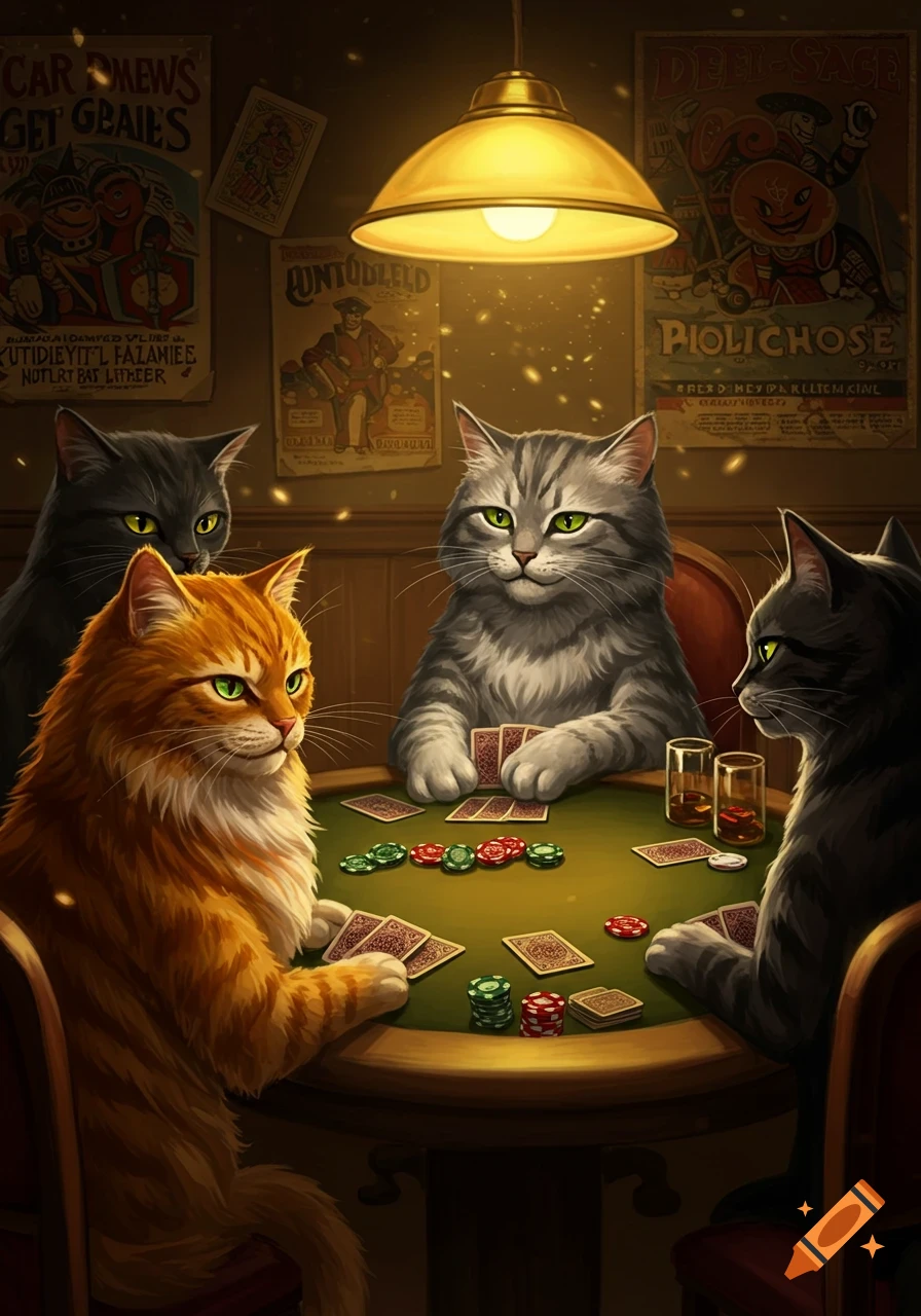 An illustration of four cats playing poker around a table under a warm lamp, with chips and cards on the green felt.