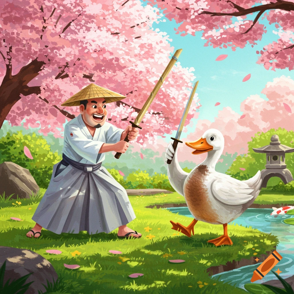An illustration of a man in traditional Japanese attire playing kendo with a duck, under a cherry blossom tree.