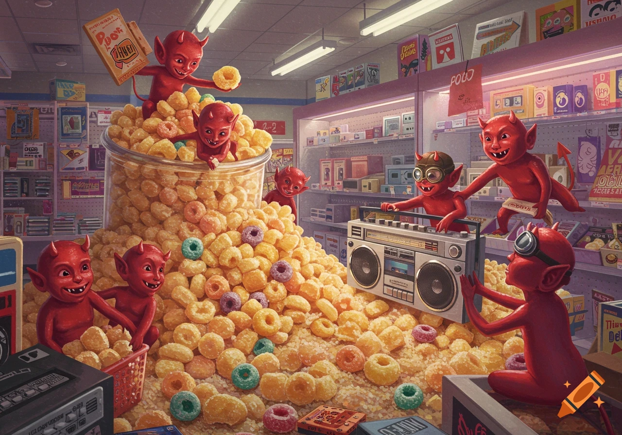 Cartoon devils play mischievously in a grocery store aisle, surrounded by a mountain of spilled cereal, with some devils holding a boombox and a cereal box.