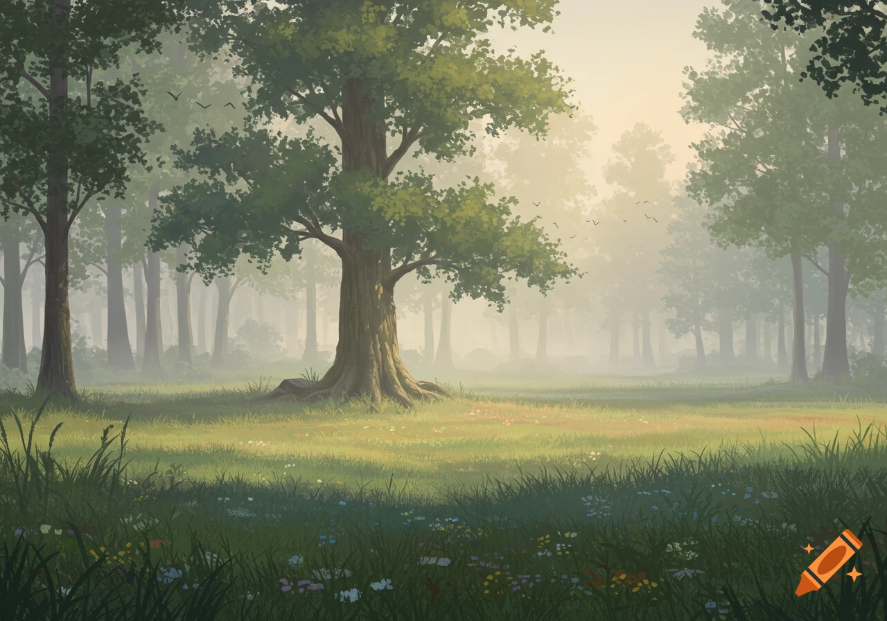 A serene, misty forest clearing with tall trees, lush green grass, wildflowers, and birds in the sky, painted in an illustrative style.