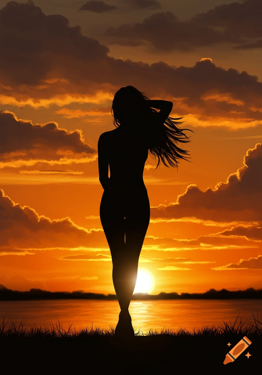 Silhouette of a woman with flowing hair standing by a lake against a vibrant orange sunset.
