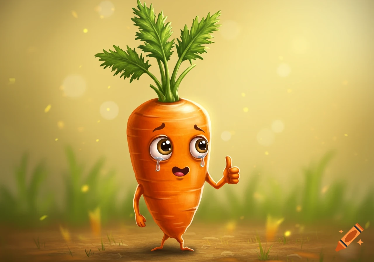 A sad cartoon carrot with tears in its eyes gives a thumbs up, standing on brown ground with blurry green plants in the background.